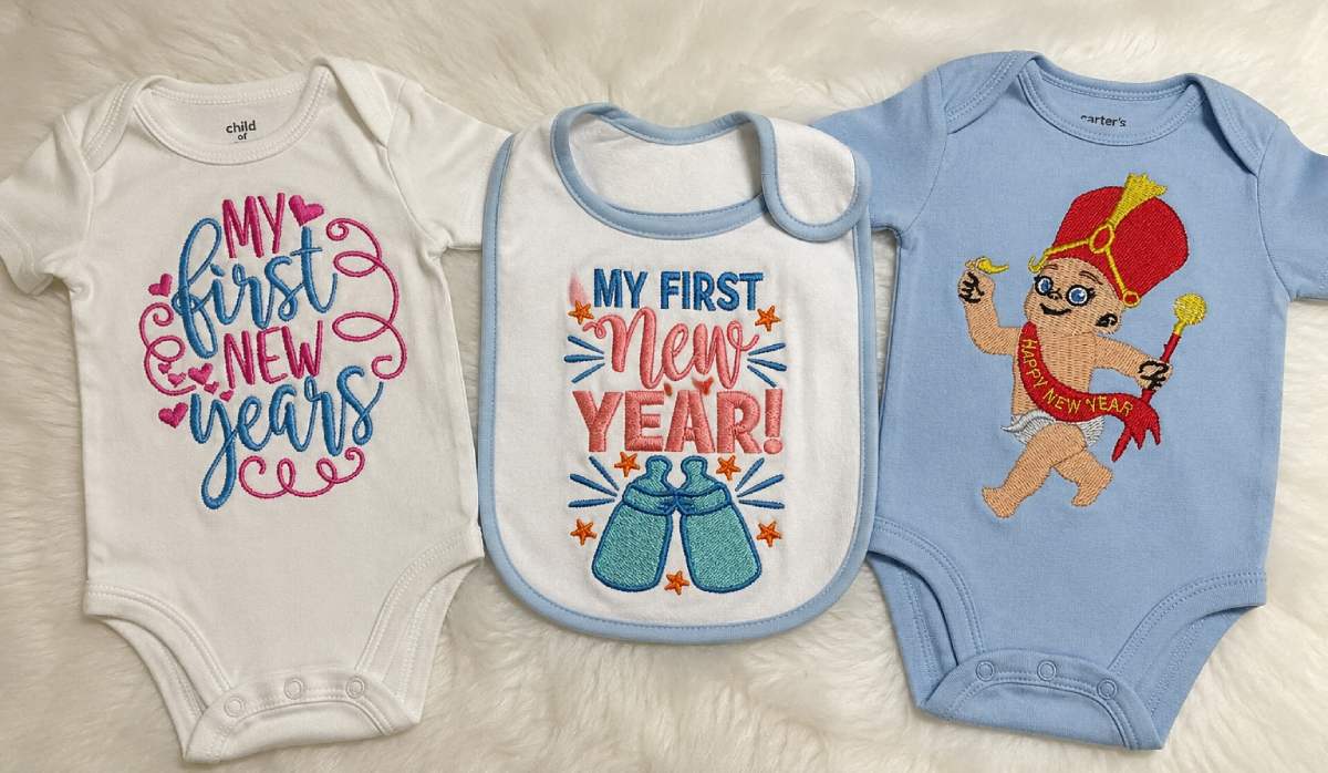 Baby’s First New Year Embroidery Designs Baby’s first New Year designs are usually made for photographs, keepsakes and family gifts rather than general party decor.