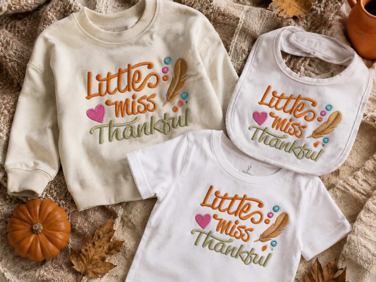 A sweet Thanksgiving embroidery design for kids’ shirts, bibs, and family photo outfits.