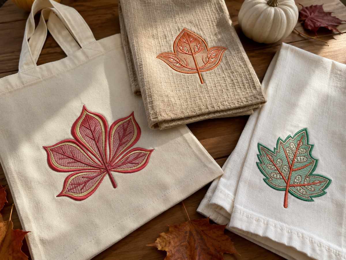 Autumn leaf embroidery patterns are featured on towels, napkins, and handbags, creating warm, fall-themed projects.