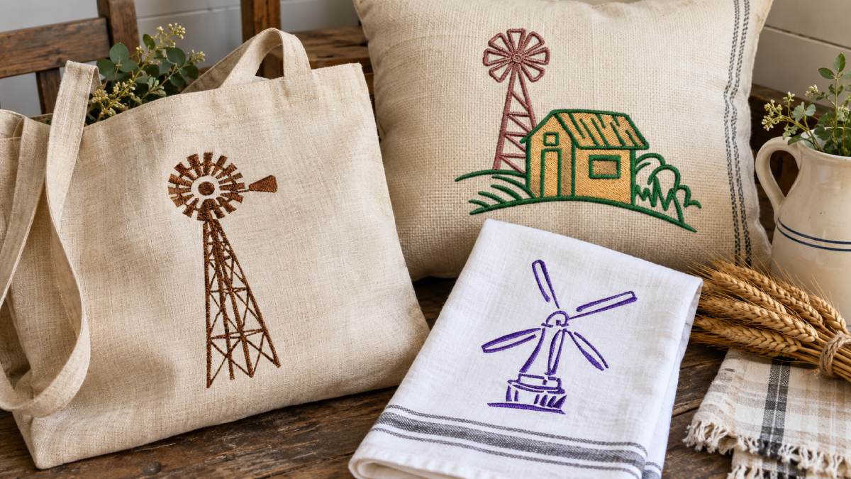 Windmill embroidery designs are particularly at home on table linens, kitchen towels, quilts, tote bags, pillows and country-inspired décor.