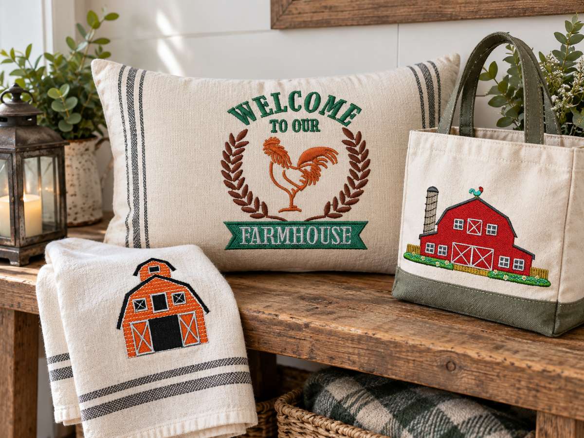 These farm embroidery design motifs suit kitchen towels, table runners, pillows, quilts, tote bags and housewarming gifts particularly well.
