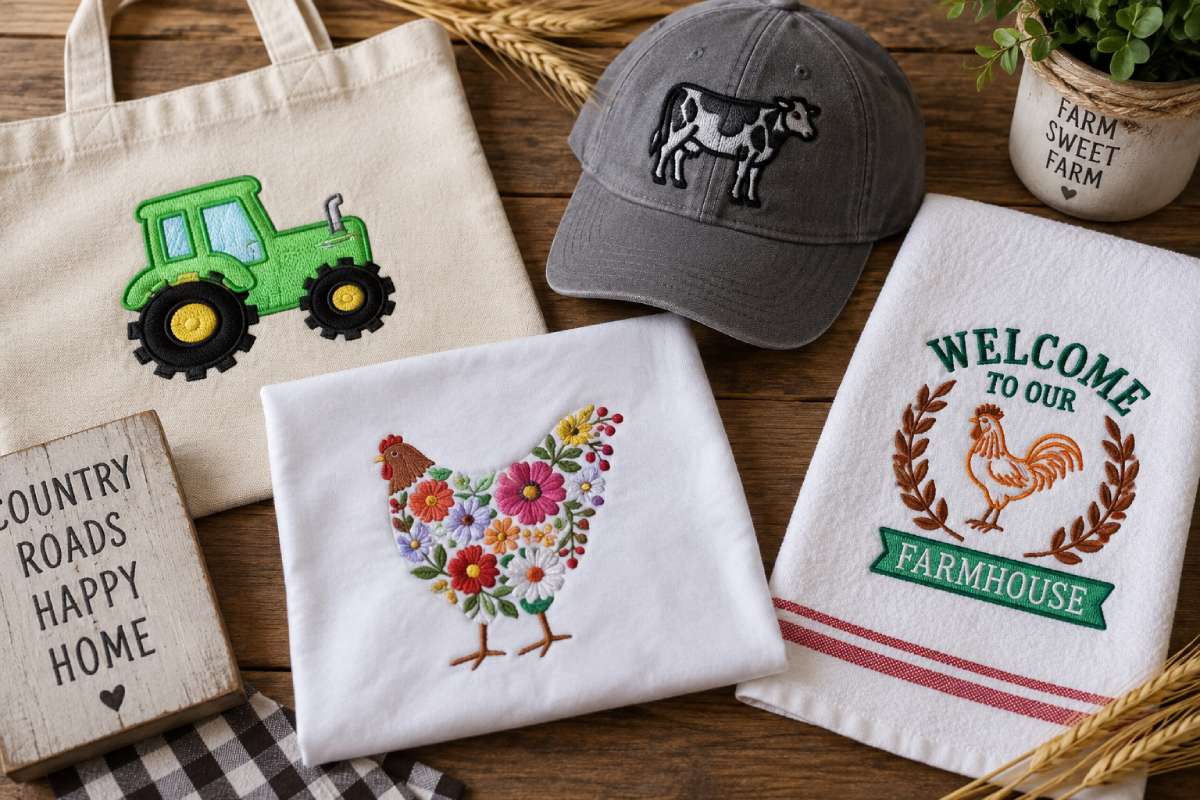 Farm embroidery designs featuring tractors, barns, cows, chicks,...