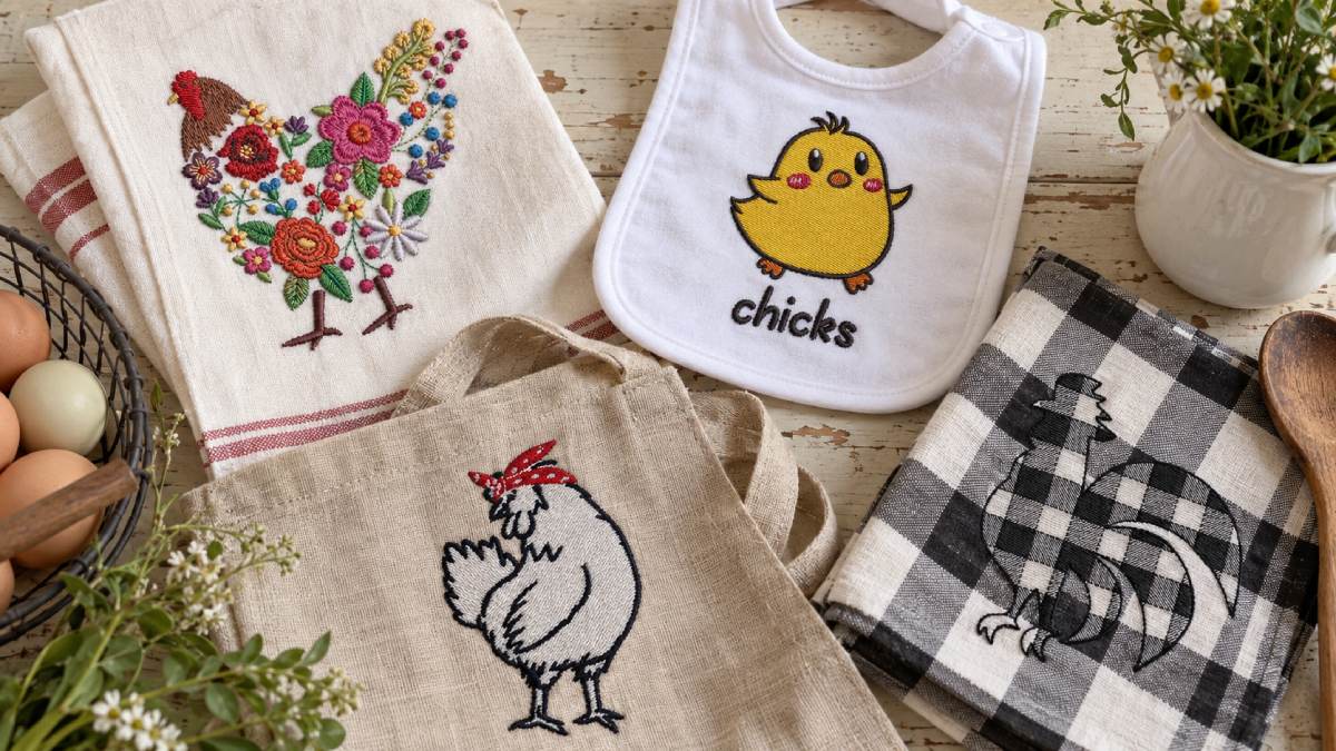 A chicken embroidery design can be rustic, floral, funny, seasonal or deliberately cute.