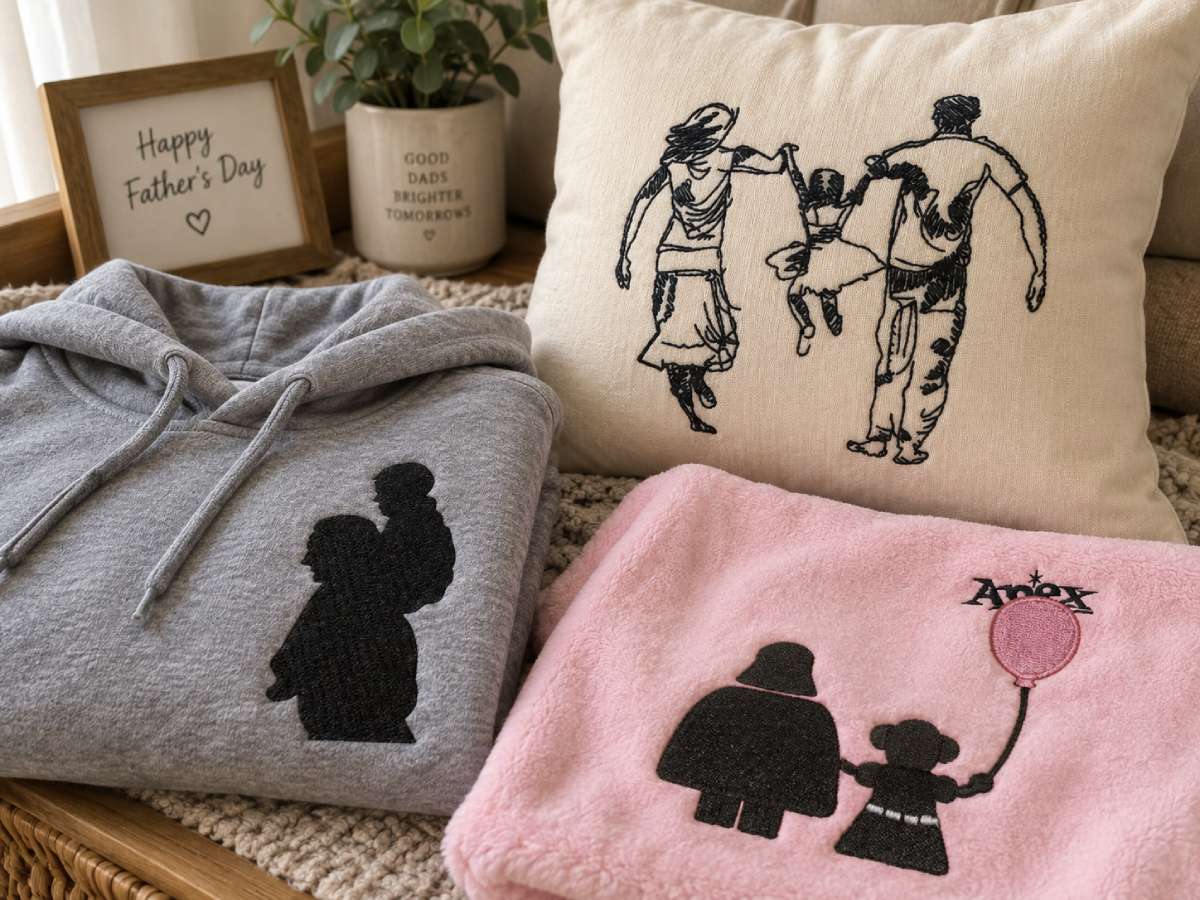 Suggested Apex products for this style: Father and Son Silhouette Embroidery Design, Daddy's Princess Embroidery Design, Family Embroidery Design.