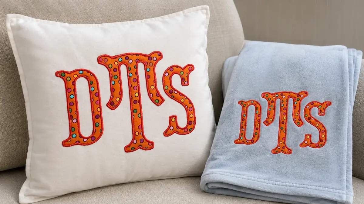 Fishtail Applique Font comes in 4", 6", 8", and 10" sizes, which tells you exactly where it belongs: blankets, pillows, nursery pieces, tote bags, large towels, and statement gifts.