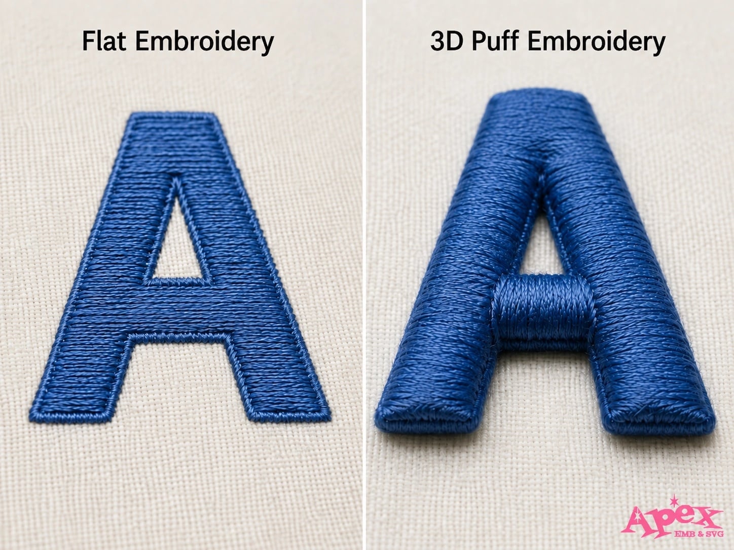 Side-by-side comparison of flat embroidery and raised 3D puff embroidery on the same letter.