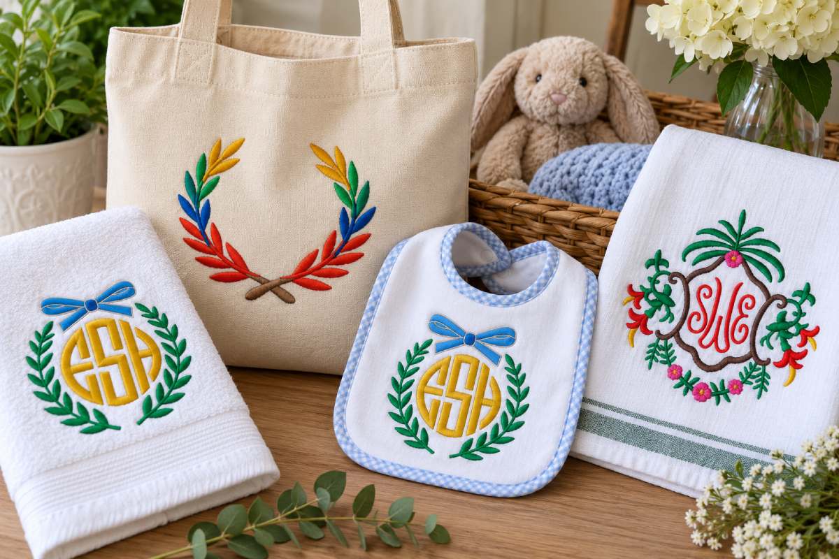 These machine embroidery frame designs can be useful on towels, pillowcases, family-name projects, bridal gifts, nursery pieces, tote bags and home décor.
