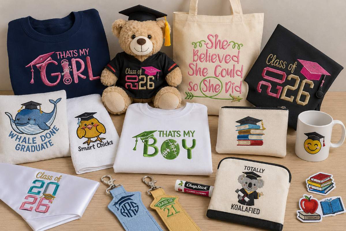 Graduation machine embroidery designs on shirts, totes, pillows, keepsakes, ITH gifts, and Class of accessories for family, teachers, and boutique makers.