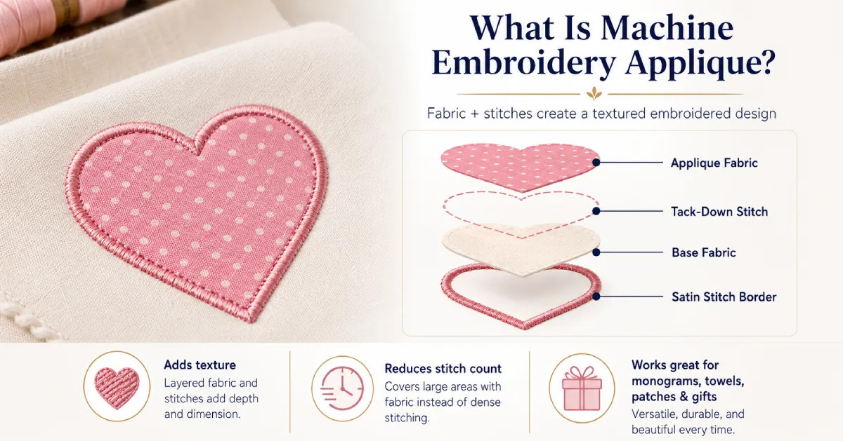 Machine embroidery applique combines fabric pieces with stitched borders to create textured, dimensional designs with fewer fill stitches.