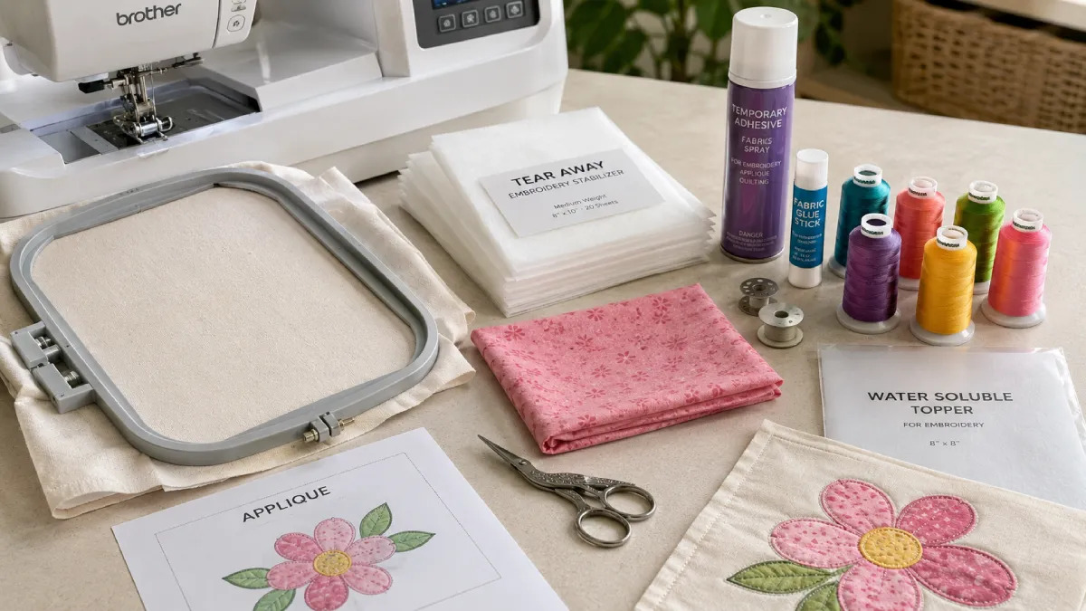 Essential applique embroidery supplies prepared before stitching.