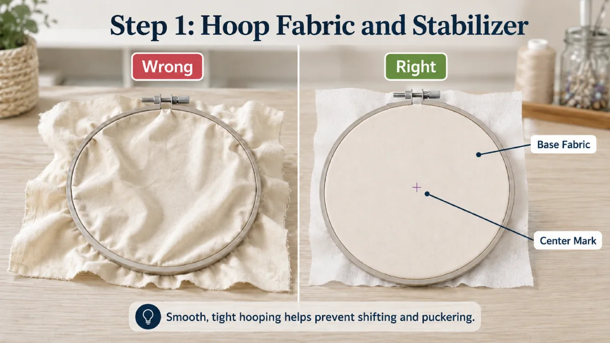 Hoop the base fabric tightly with stabilizer to prevent shifting and puckering.