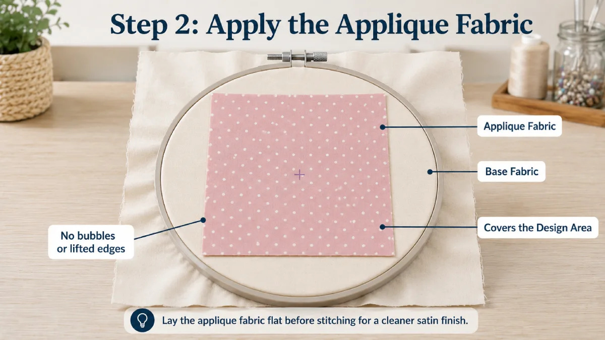 Lay the applique fabric flat over the design area before stitching.