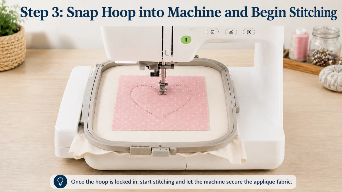 Snap the hoop into the machine and begin stitching the applique fabric in place.