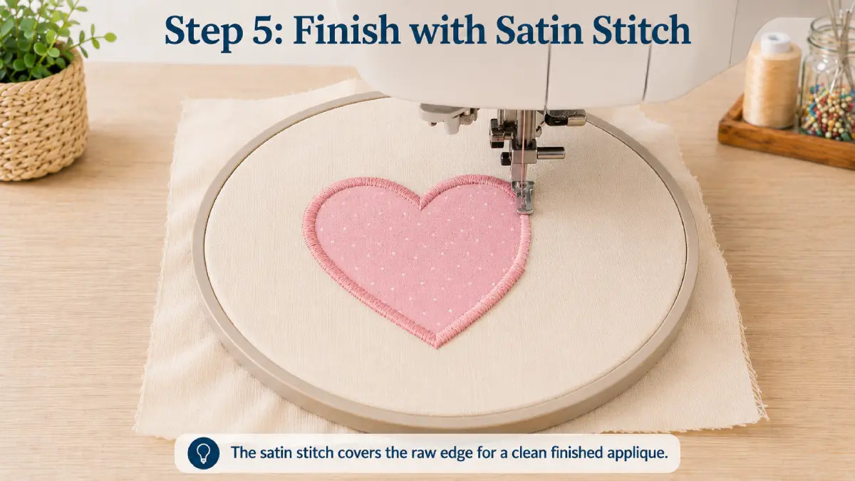 The satin stitch covers the raw applique edge for a polished finish.