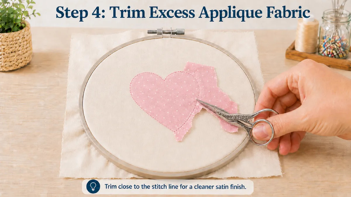 Trim the excess applique fabric close to the stitch line for a clean edge.