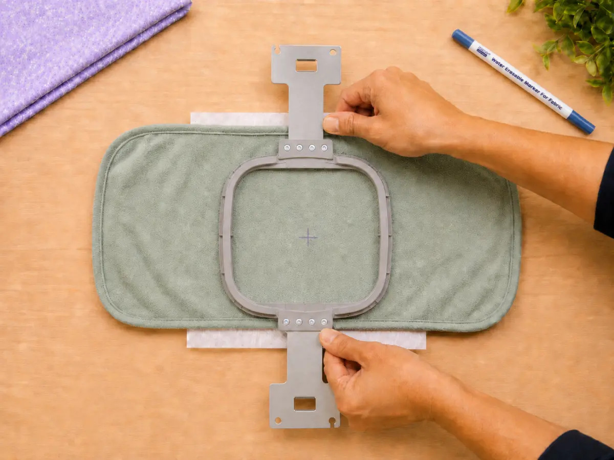 Press the top hoop down evenly to keep fabric tension balanced.
