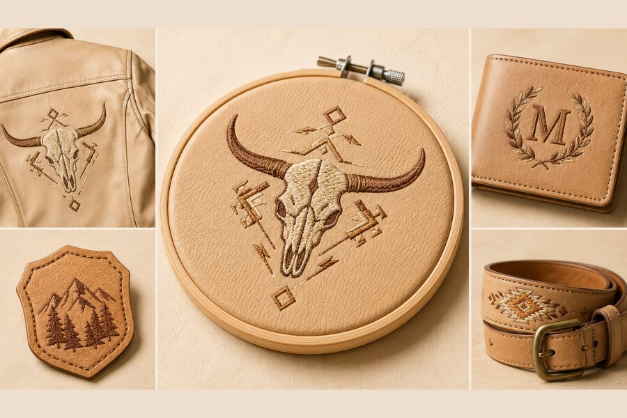 embroidery on leather, embroidery on Leather belt, embroidery on leather jacket