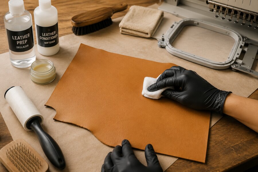 Step clean the surface of the leather before embroidery