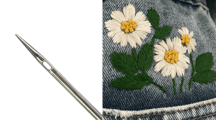 Needles used in embroidering jeans pockets.