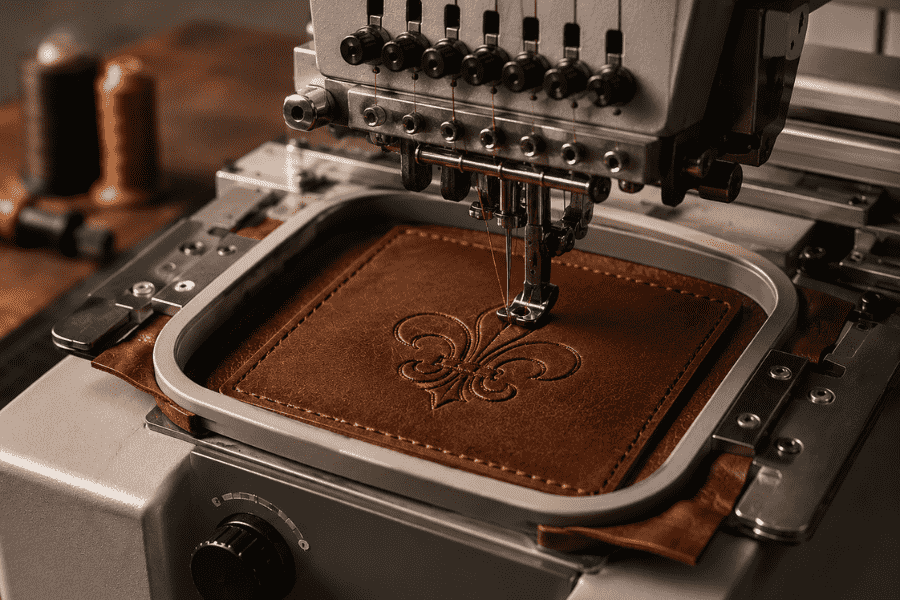 Embroidery is done on the leather surface using a specialized embroidery machine and needles suitable for the design.