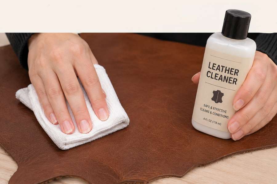 Use a specialized cleaning solution and a cloth to clean the leather surface.
