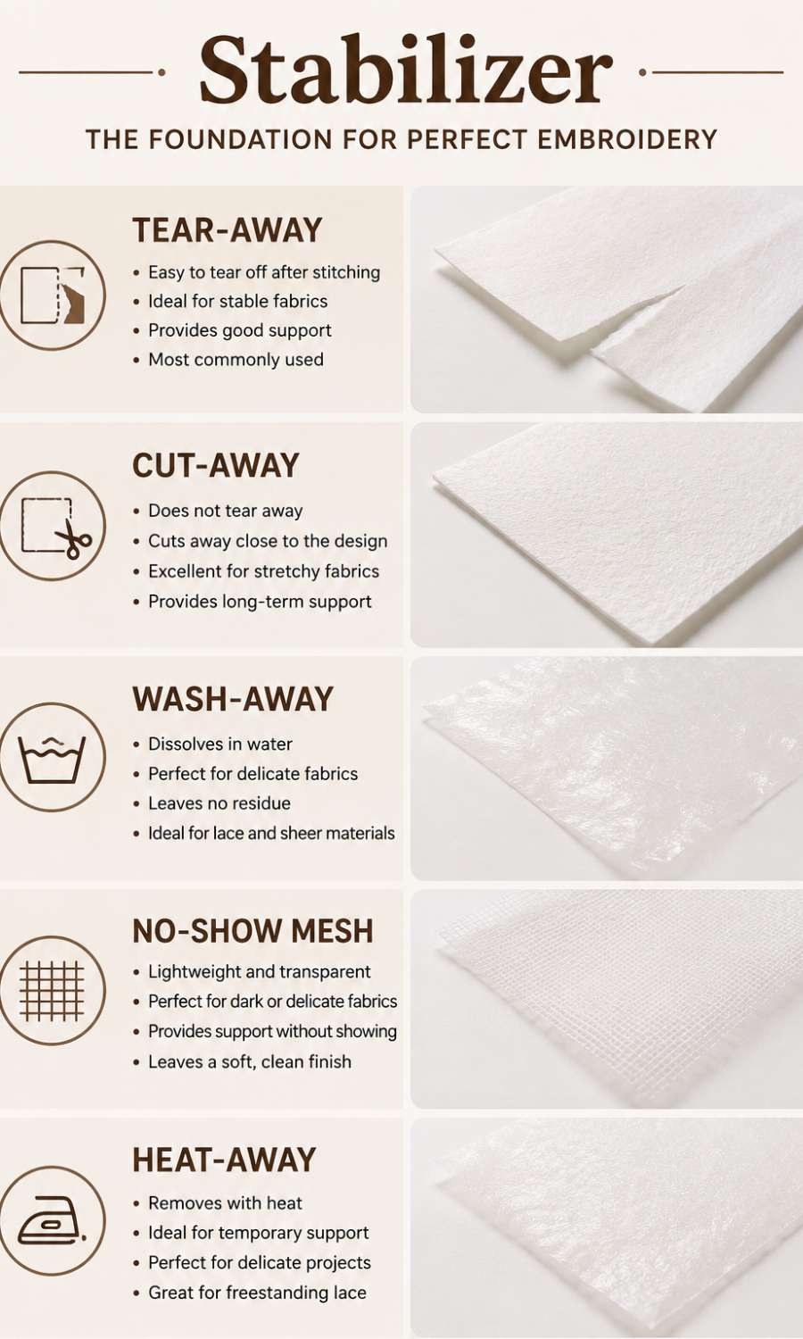 Stabilizers are used to support and secure the stitches during embroidery.