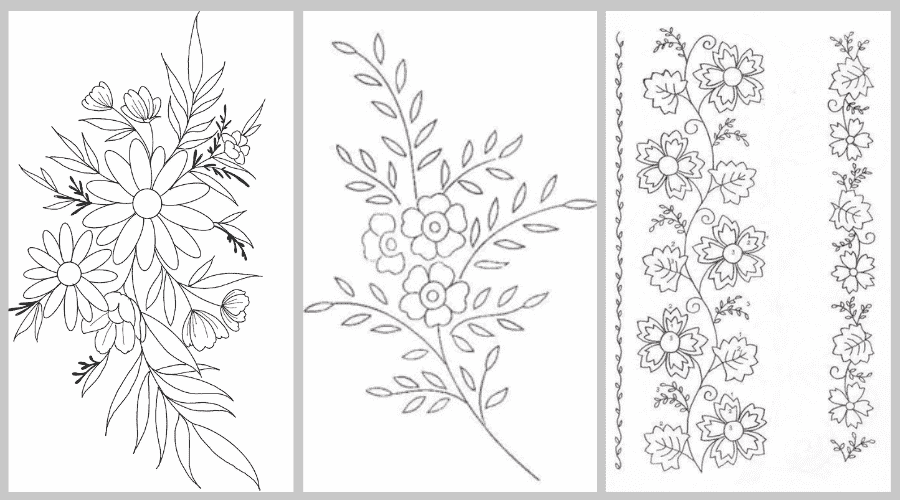 Three embroidery patterns were sketched on paper.
