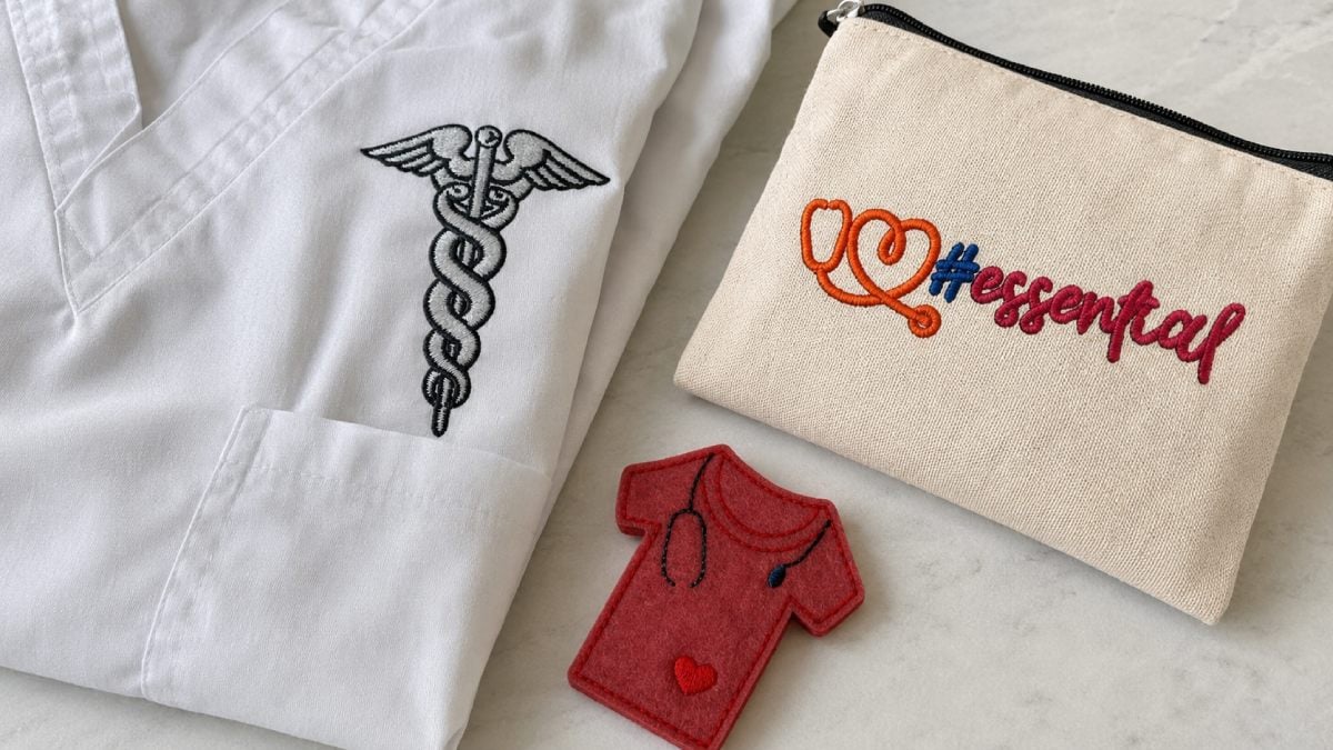 Featured products for images: Medical Caduceus Embroidery Design, Doctor Stethoscope Scrub Feltie ITH Embroidery Design, Essential Stethoscope Heart 3D Puff Embroidery Design.