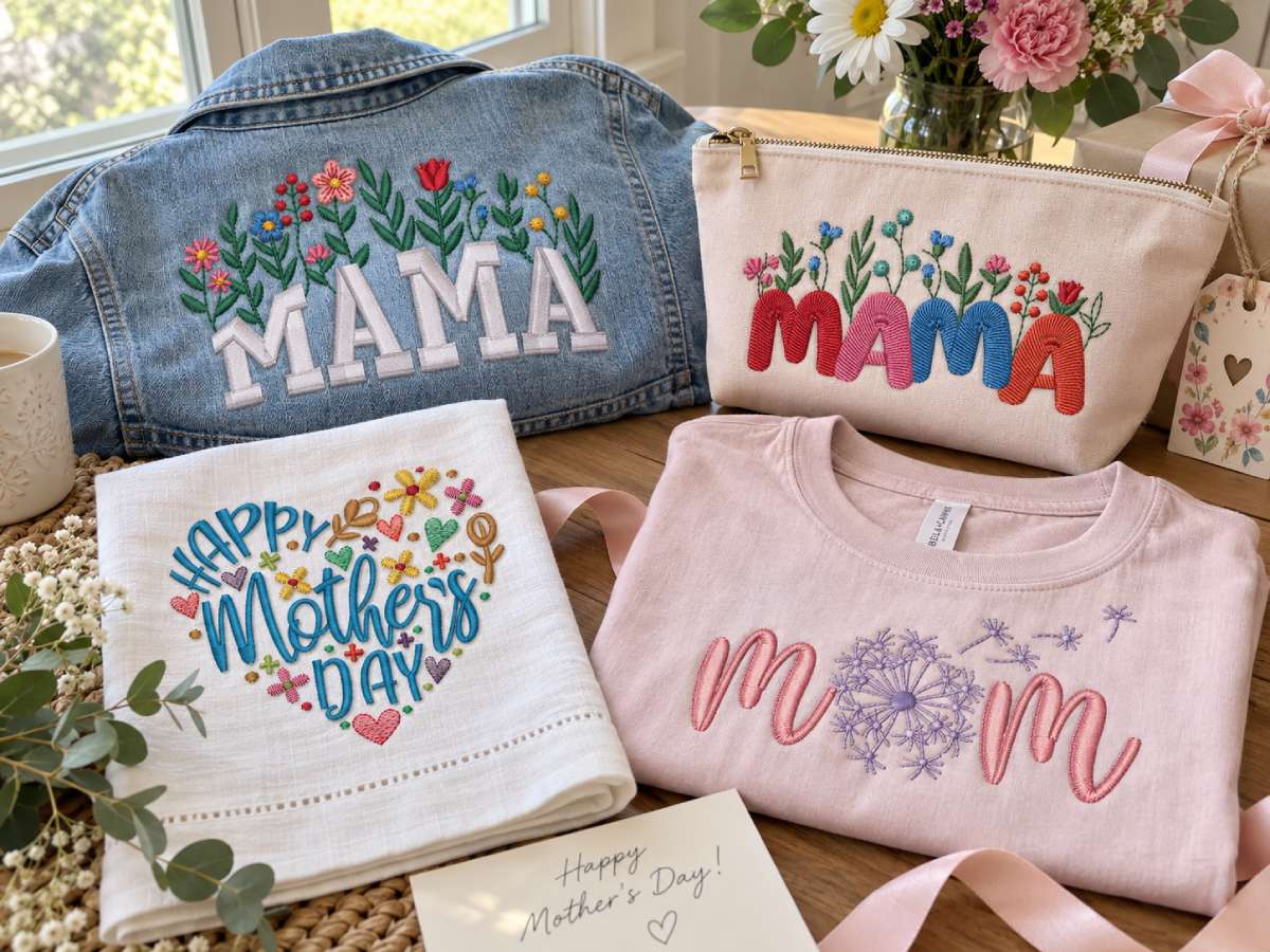 Floral mother embroidery designs can range from light, open details to lettering surrounded by blooms.