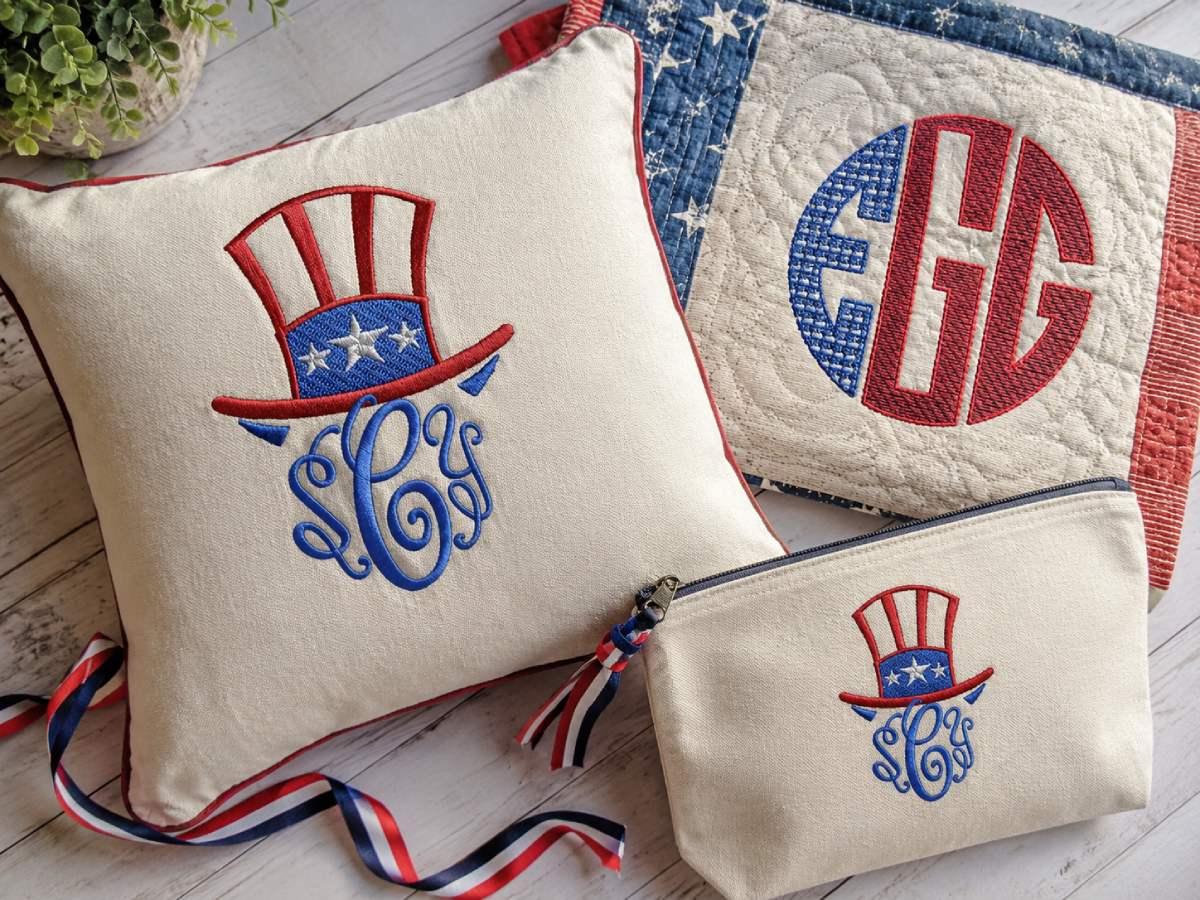 For a clear monogram, use Sketch USA Flag Circle Monogram Embroidery Font. For a compact framed look, USA American Hat Embroidery Frame is a good sample.