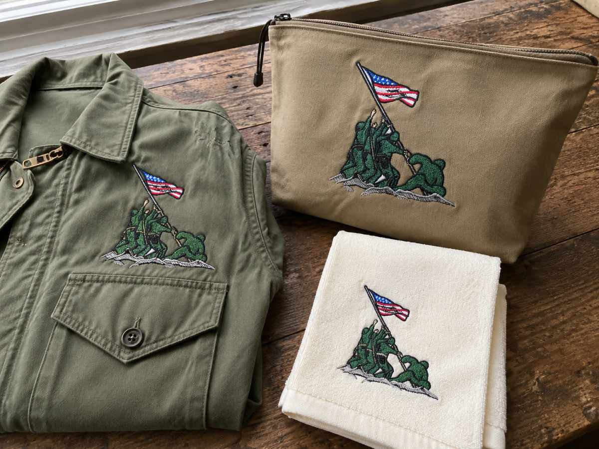 The Iwo Jima Embroidery Design is based on the iconic flag-raising scene and fits projects that need a respectful, commemorative tone.