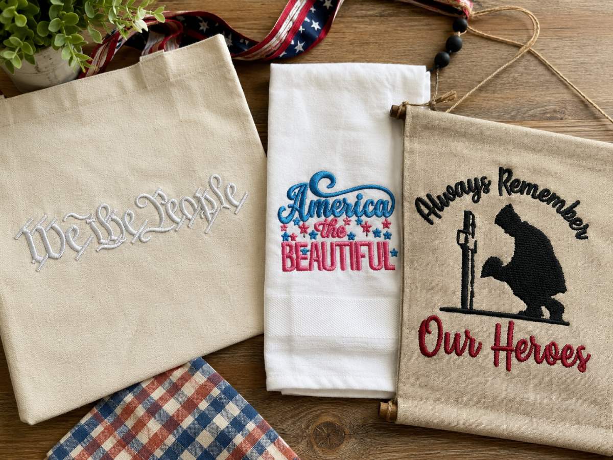 We the People is a strong example. For a softer word-art direction, America The Beautiful Land that I Love gives you more of a decorative, gift-ready feeling. For remembrance or appreciation projects, Always Remember Our Heroes Embroidery Design has a more respectful tone.