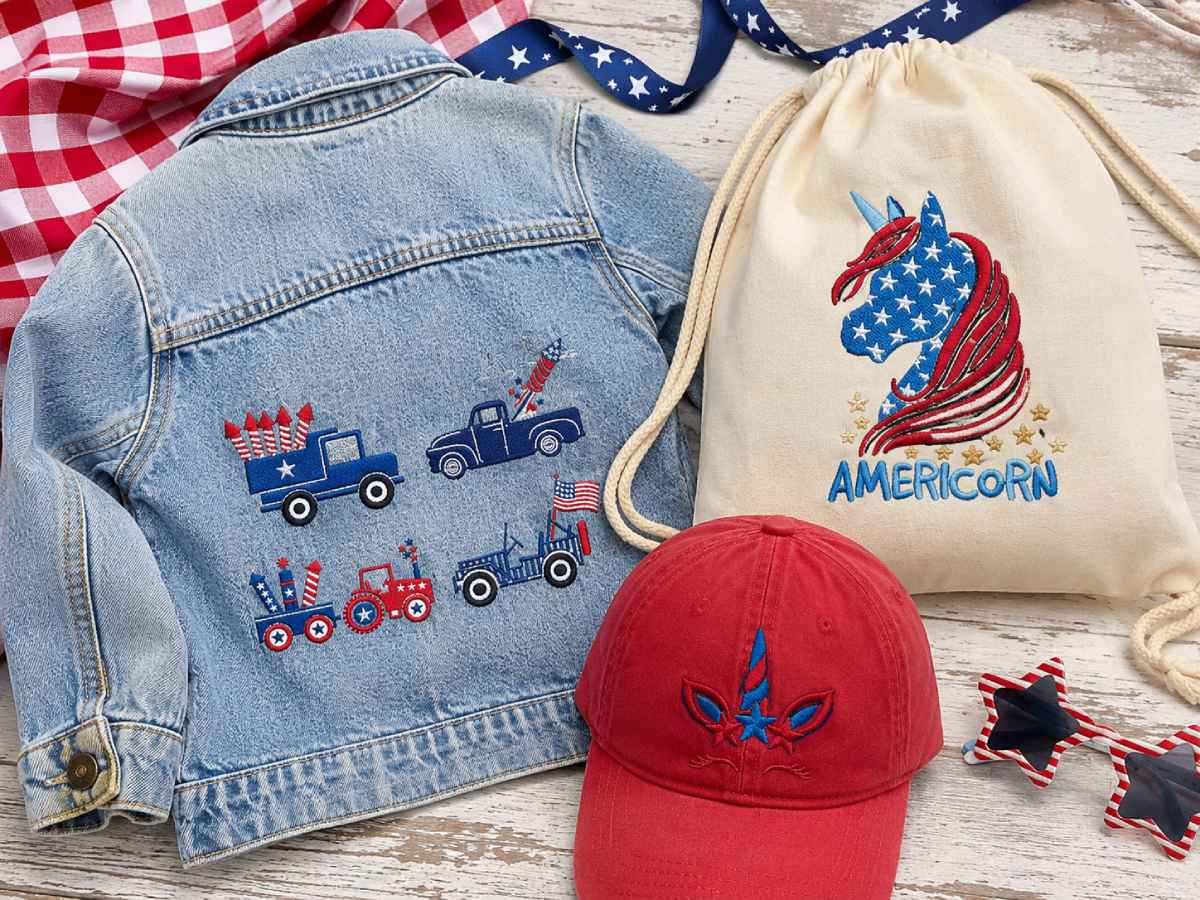 Scene-based patriotic embroidery designs usually need more room, so they are better for shirt fronts, towels, bags, pillows, blankets, and quilt blocks.