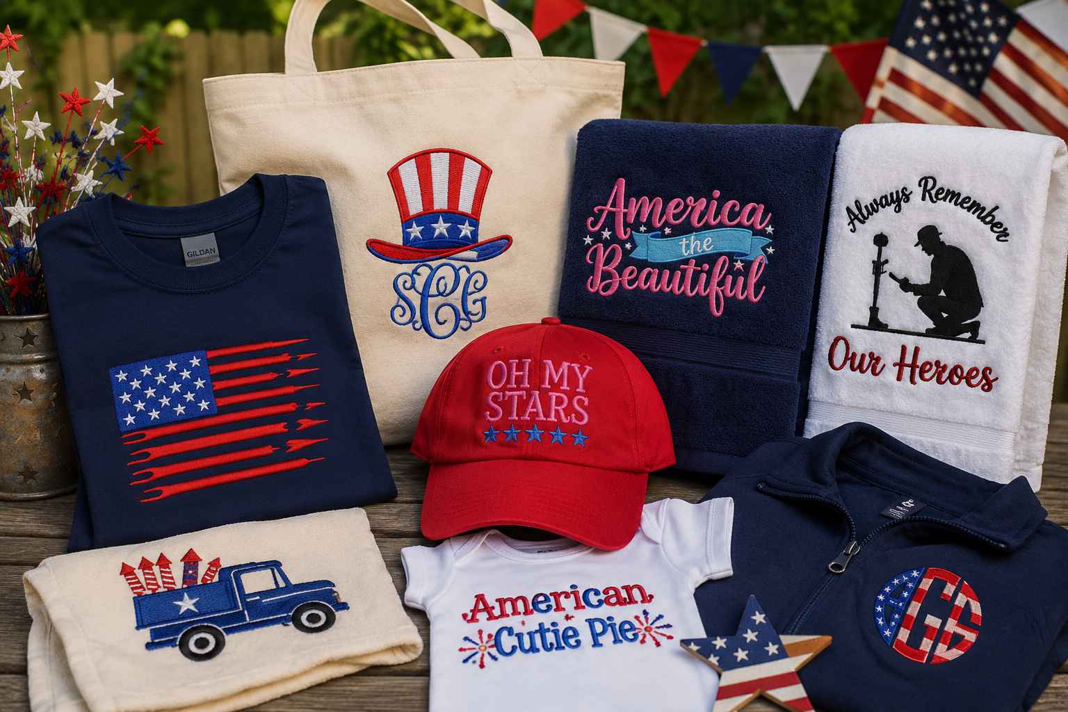 Patriotic embroidery designs on shirts, towels, hats, bags, and decor for 4th of July, Memorial Day, Veterans Day, and summer events.