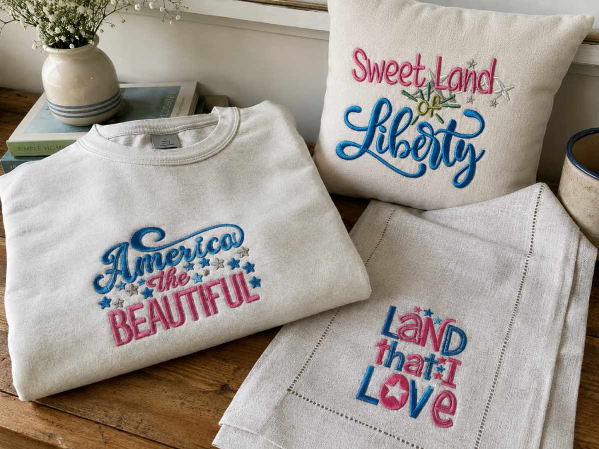 If you want a patriotic design that feels softer and more word-art focused, America The Beautiful Land that I Love is a strong option.