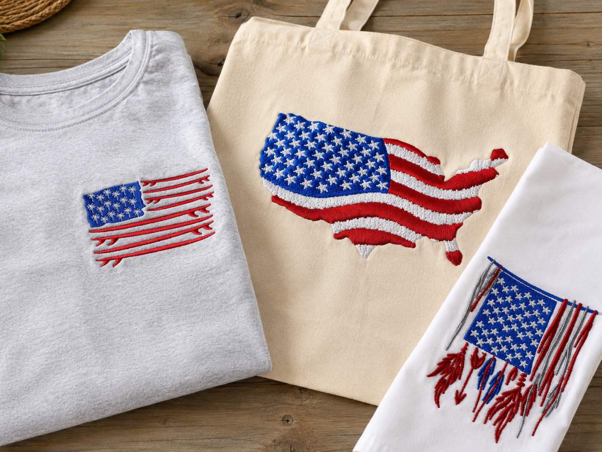For a more traditional look, you can use USA Country Flag Map Embroidery Design or Surfboard USA American Flag Embroidery Design. If you want something more decorative, USA American Feather Flag Embroidery Design gives the flag theme a lighter shape.