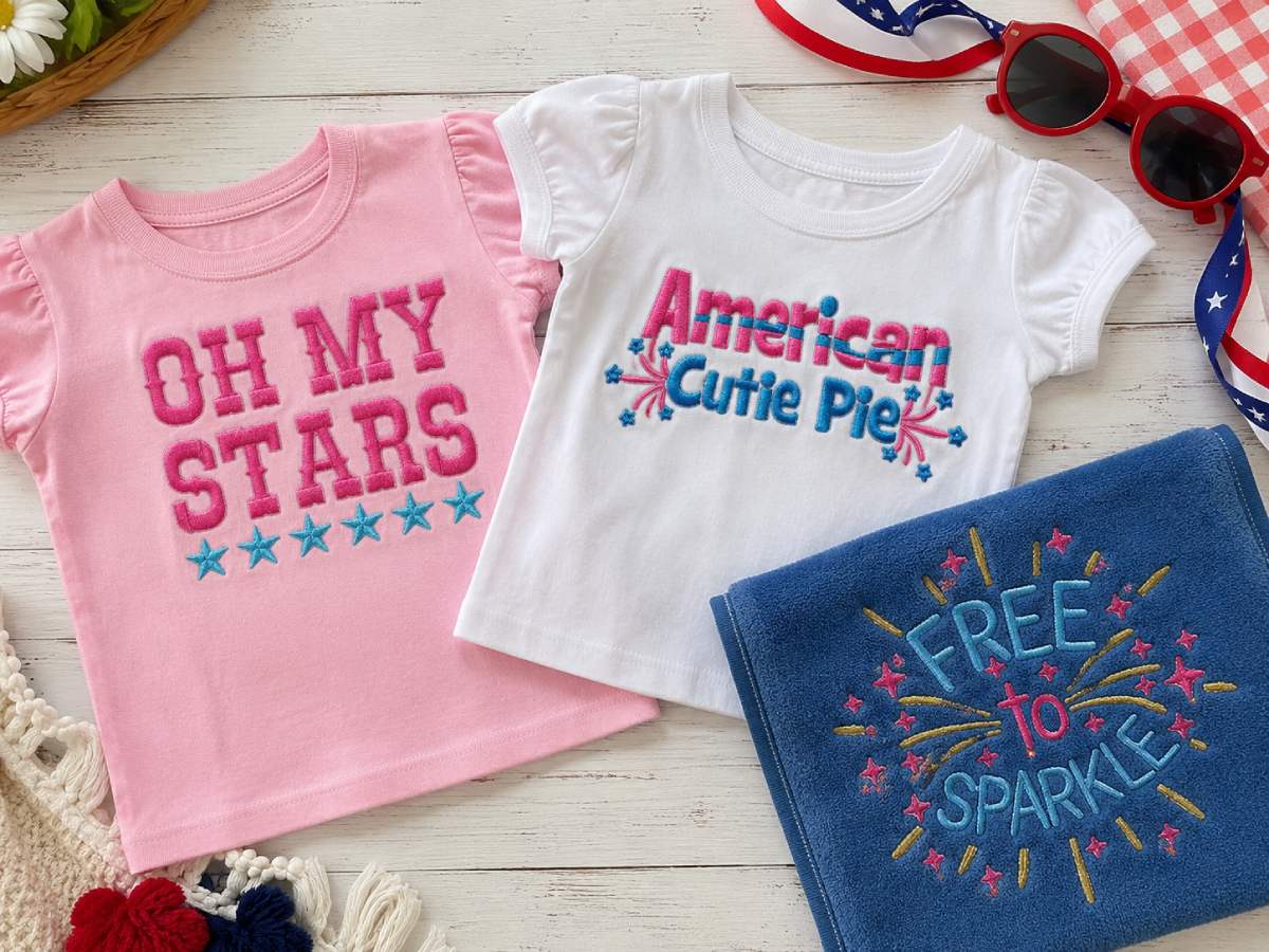 For a simple star-based look, Oh My Stars Embroidery Design works well. For a louder July 4th feeling, American Cutie Pie Embroidery Design or Free to Sparkle Embroidery Design gives you that bright holiday energy.