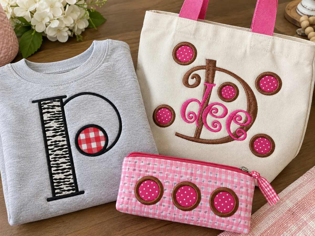 Polka dot appliqué brings playful fabric patterns into personalized embroidery projects.