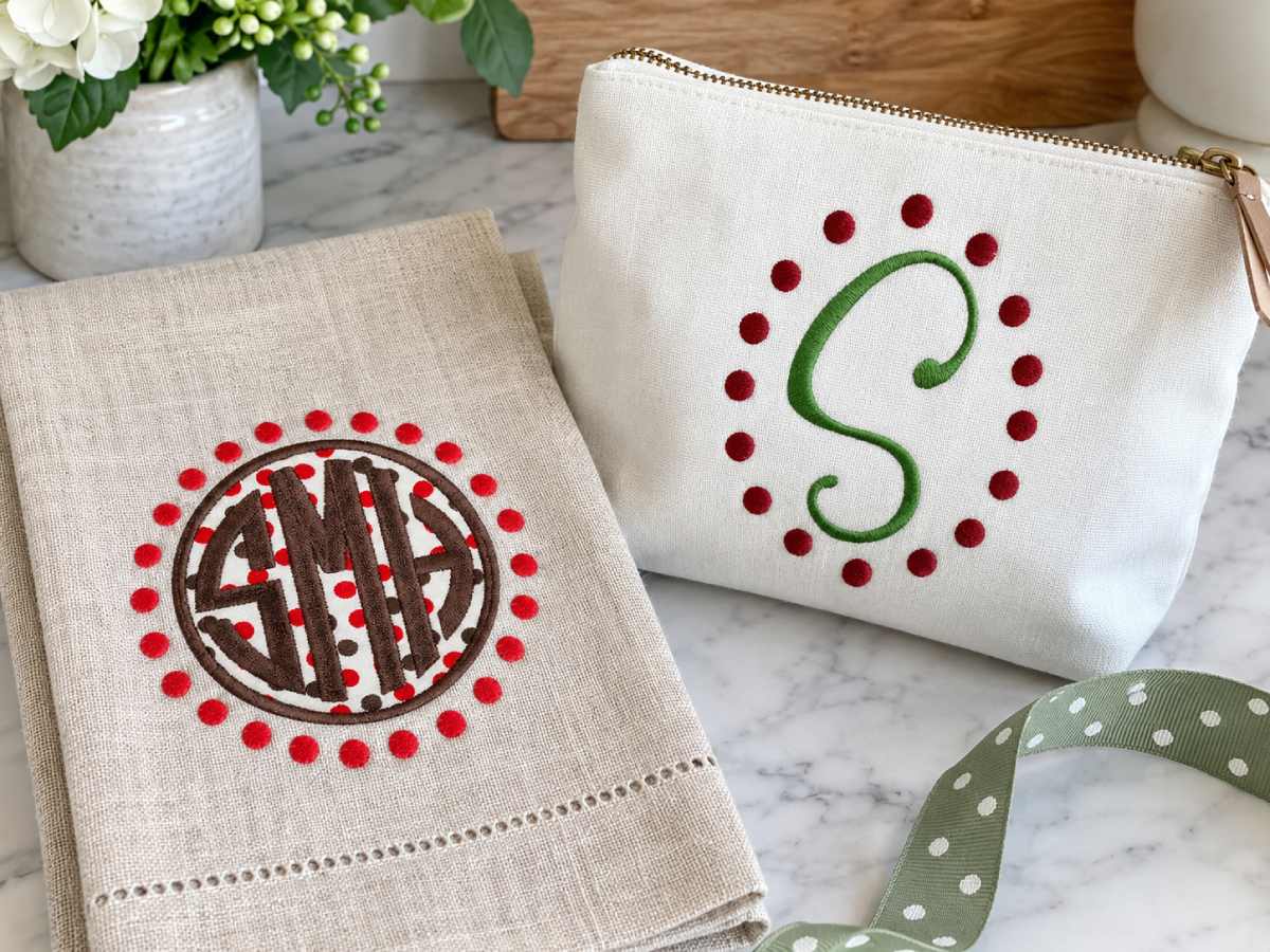 Polka dot frames add a clean, playful border to personalized monograms and initials.