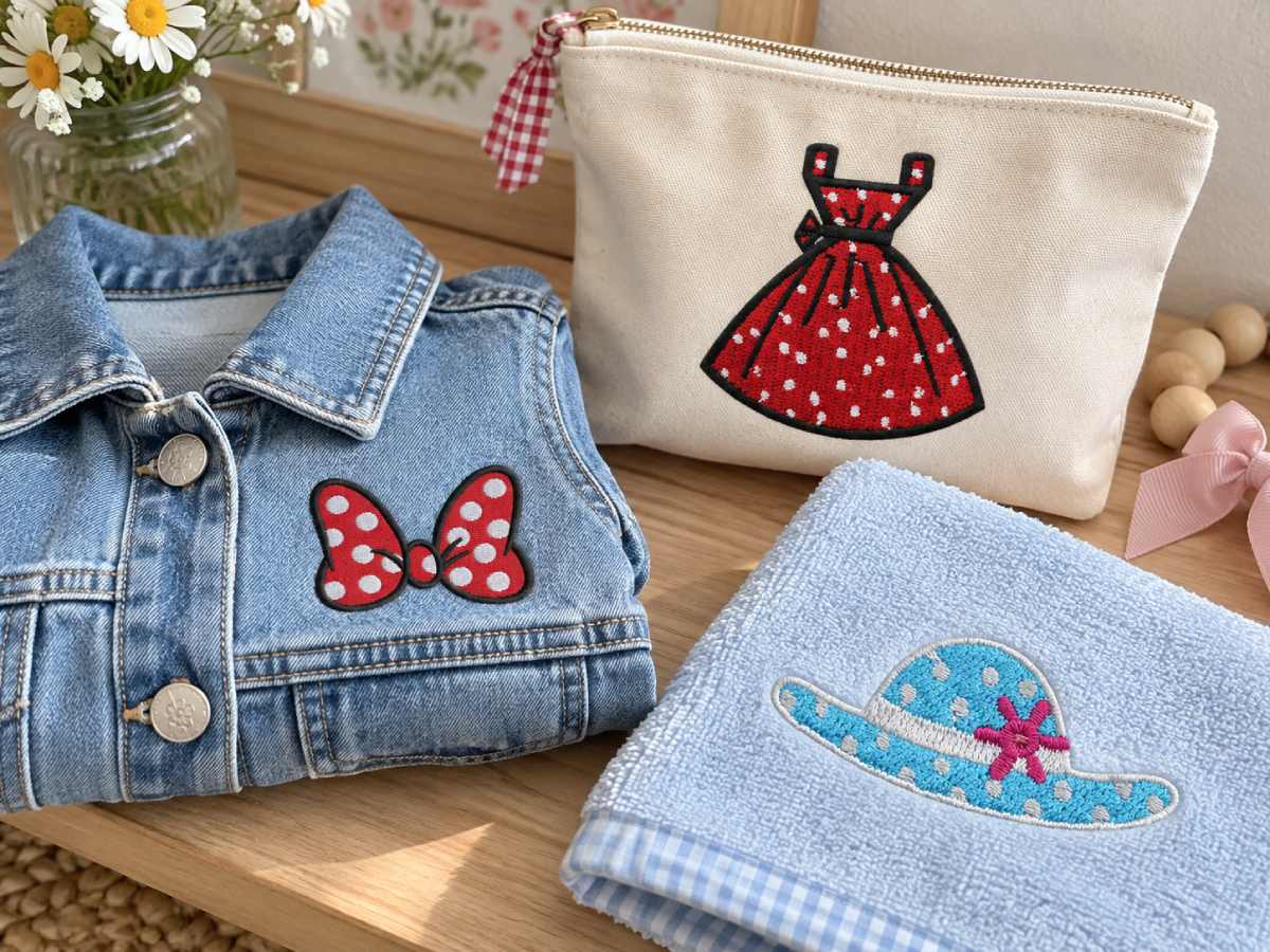 Playful polka dot motifs bring bows, dresses and accessories to life in charming boutique-style embroidery.