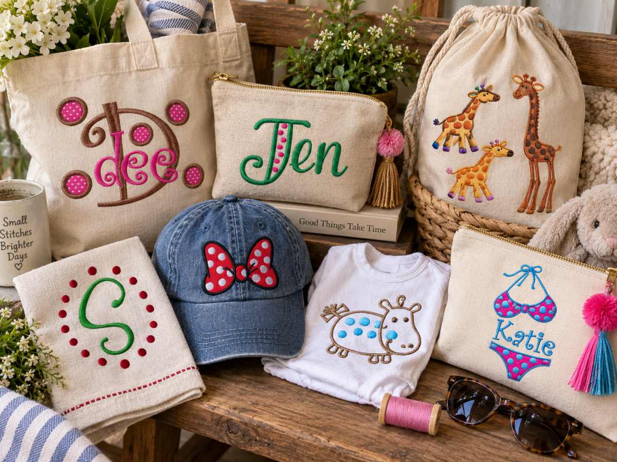 Polka dot embroidery brings playful personality to fonts, monograms, animals and summer-inspired projects.