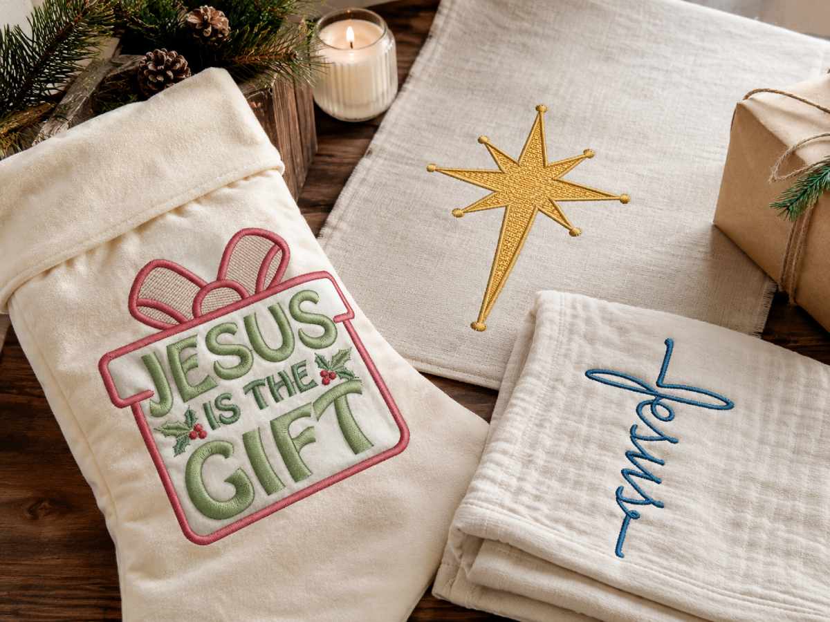  Jesus embroidery designs may be symbolic, text-based or built around a recognizable Biblical event.