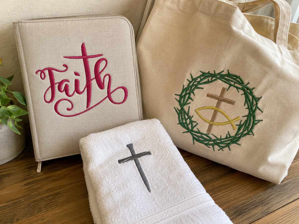Examples from the religious embroidery designs collection include: Faith Cross Embroidery Design, Cross of Nails, Ichthys Thorn Cross Embroidery Design