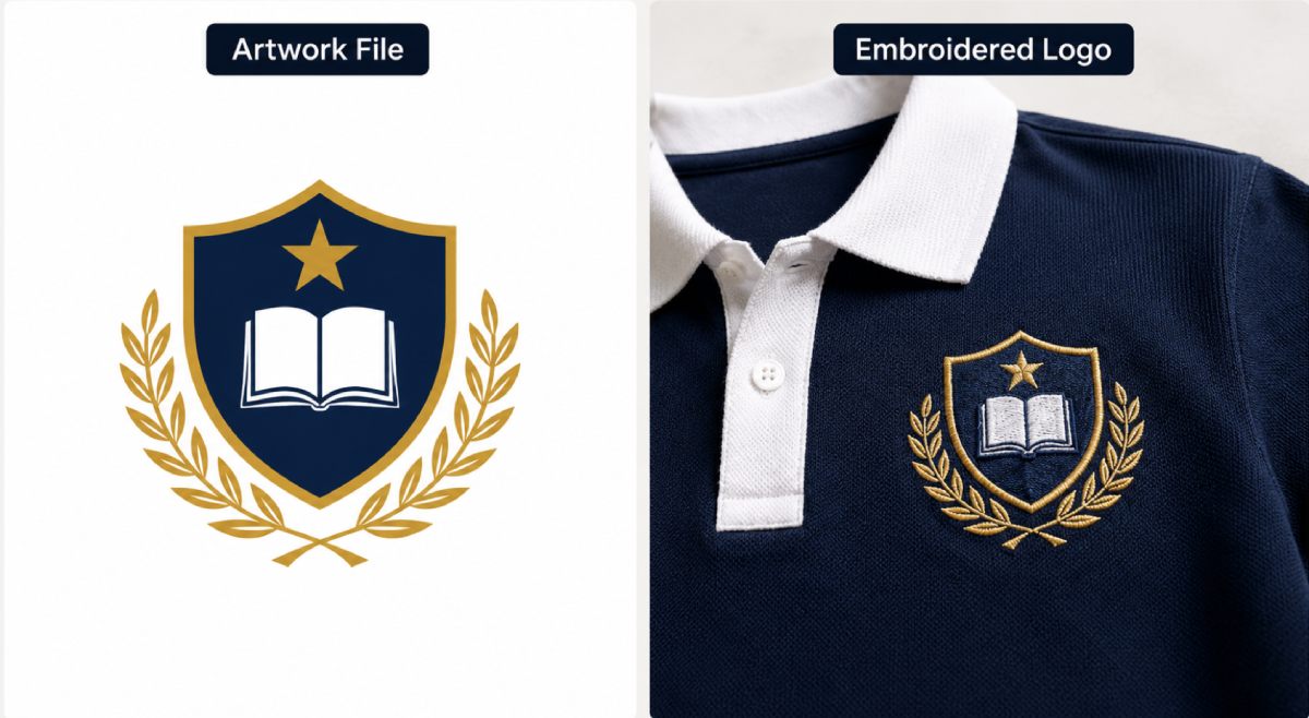 A digital school logo needs to be converted into stitch data before it can be embroidered.
