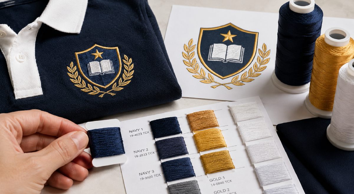 Thread color should match the school identity, but real thread can reflect light differently than digital artwork.
