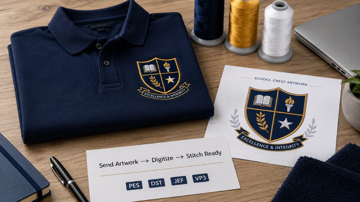 Apex can prepare school logo embroidery files for your machine, local embroiderer, or uniform supplier.