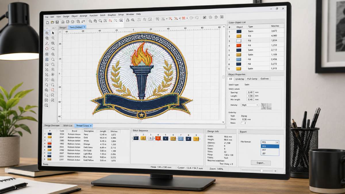 Digitizing controls stitch direction, density, trims, underlay, and how the logo behaves on fabric.
