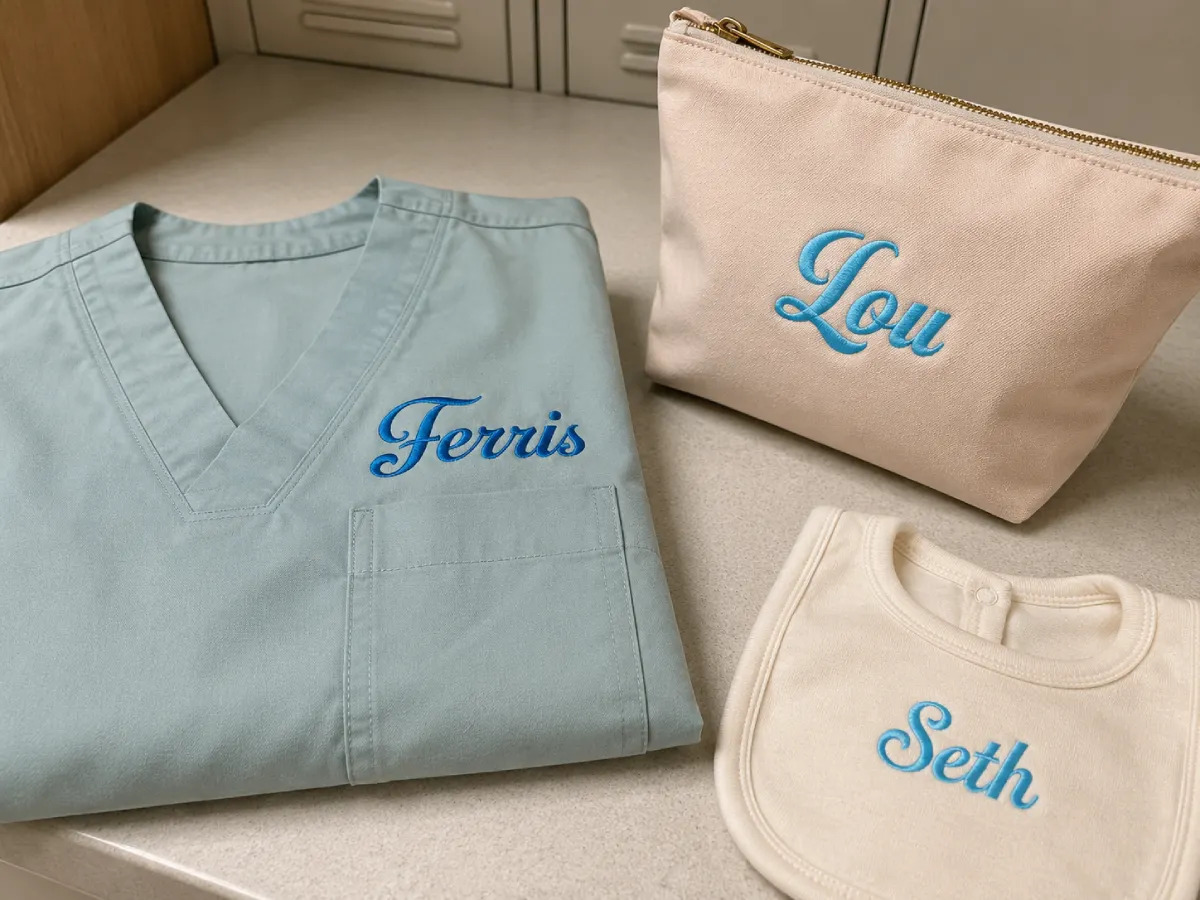 Ferris Embroidery Font comes in .75", 1", 2", and 2.5" sizes, so it gives you more room to move from small lettering into larger personalization projects.