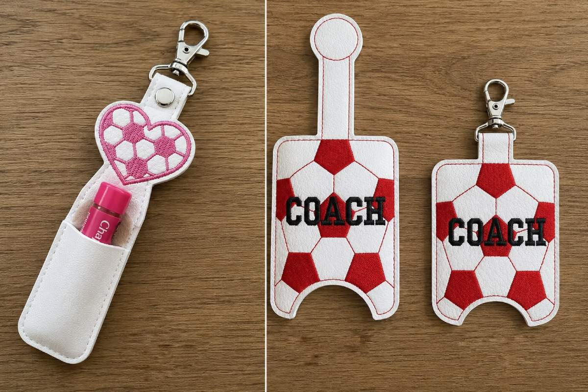 These two soccer ITH designs are best grouped together because they solve the same problem: small, useful gifts for soccer people.