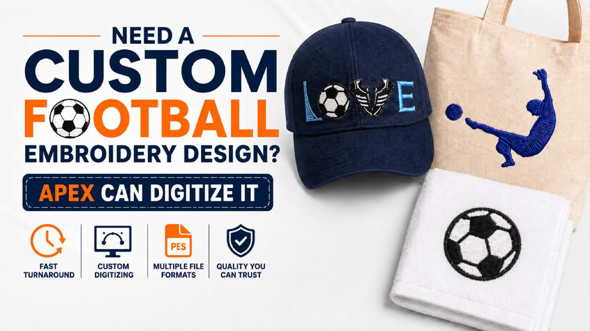 Apex can turn your logo or artwork into a custom machine embroidery design, usually in 1–2 days.
